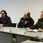 They informed at the press conference on the subject of African swine fever (from left): Sven Dude, Friedrich Schmidt, Dr. Katrin Stein, Adil Oyan, Klaus Velbecker, Markus Stifter and Wolfgang Dörr. Photo: district administration