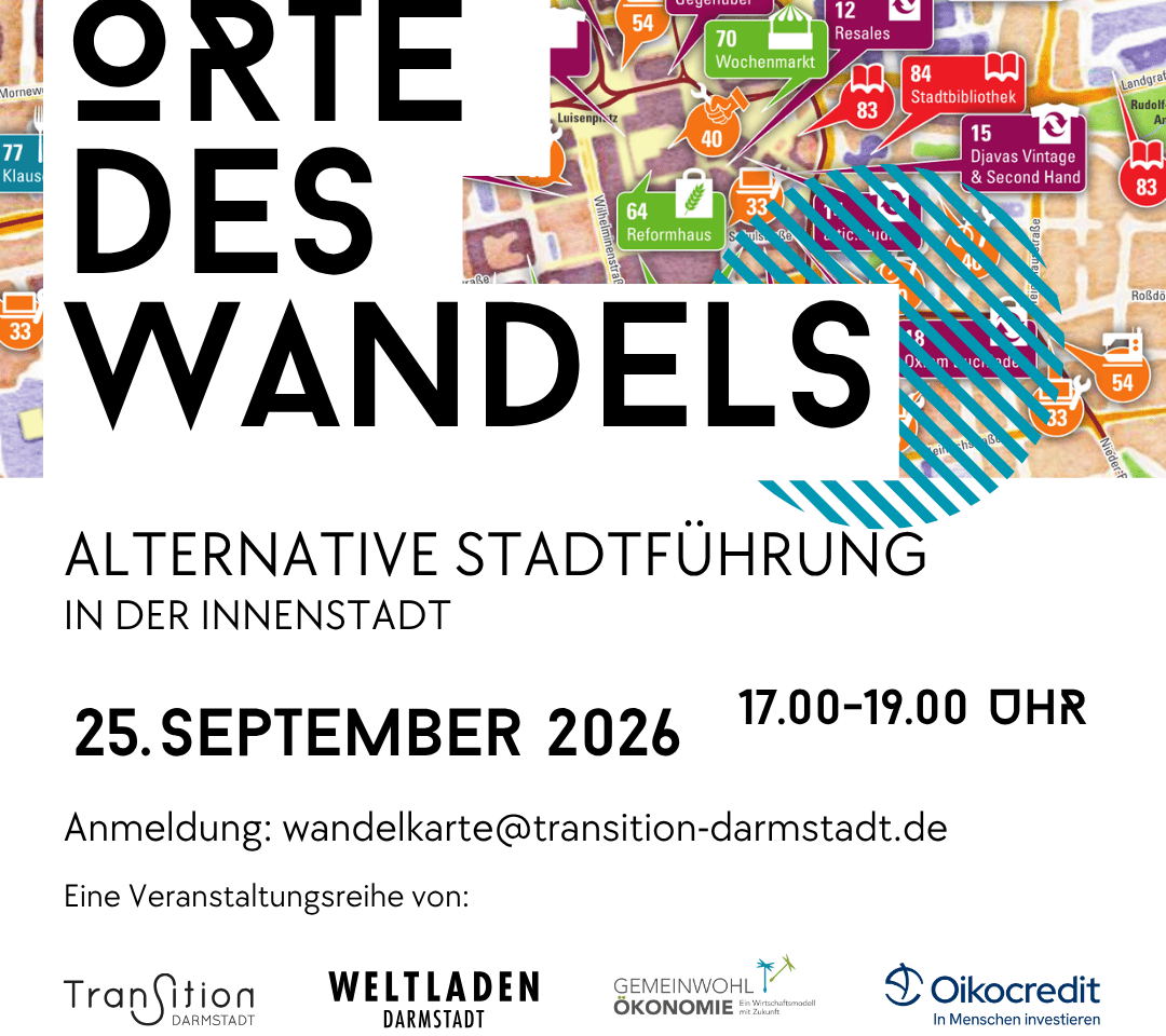 Participants in a sustainable city tour in Darmstadt, organized by the World Shop Darmstadt, visit projects for fair trade and sustainable business practices.