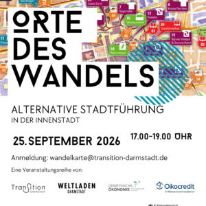 Participants in a sustainable city tour in Darmstadt, organized by the World Shop Darmstadt, visit projects for fair trade and sustainable business practices.
