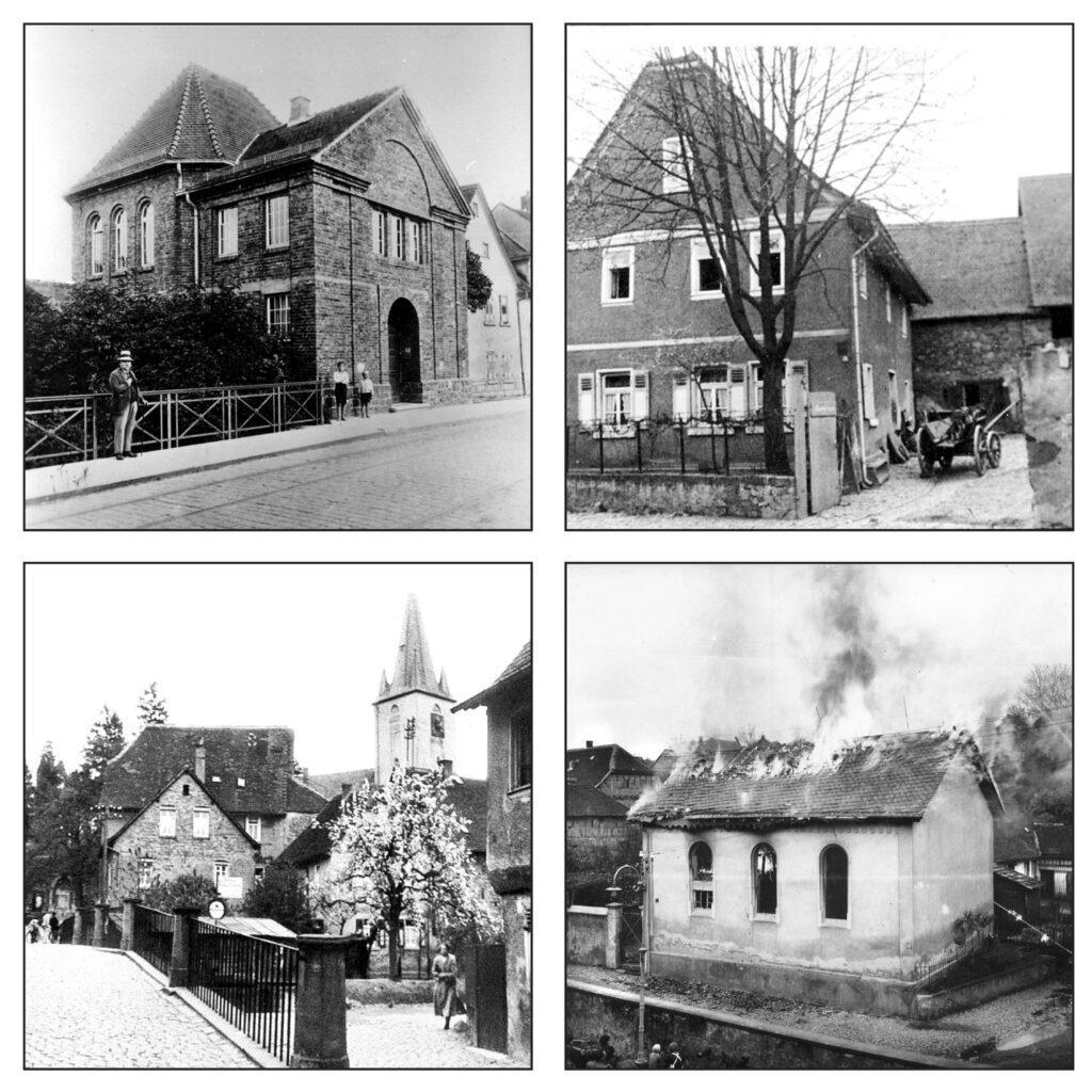Synagogue d'Eberstadt, construite en 1915 ; Maisons juives avec salle de prière à Nieder-Ramstadt, construites vers 1700 ; Synagogue en feu à Ober-Ramstadt, novembre 1938. Photos : Société historique d'Eberstadt/Frankenstein, Groupe de travail sur l'histoire locale de Mühltal, Association du musée d'Ober-Ramstadt