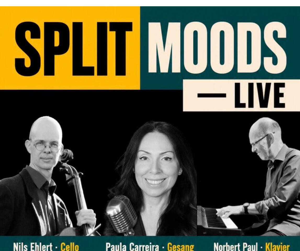 Konzertplakat von Split Moods mit Nils Ehlert am Cello, Sängerin Paula Carreira und Norbert Paul am Klavier.