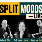 Konzertplakat von Split Moods mit Nils Ehlert am Cello, Sängerin Paula Carreira und Norbert Paul am Klavier.