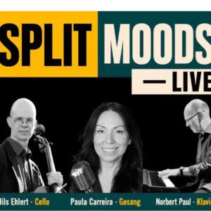 Konzertplakat von Split Moods mit Nils Ehlert am Cello, Sängerin Paula Carreira und Norbert Paul am Klavier.