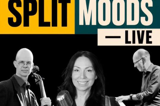 Cartel del concierto de Split Moods con Nils Ehlert al violonchelo, la cantante Paula Carreira y Norbert Paul al piano.